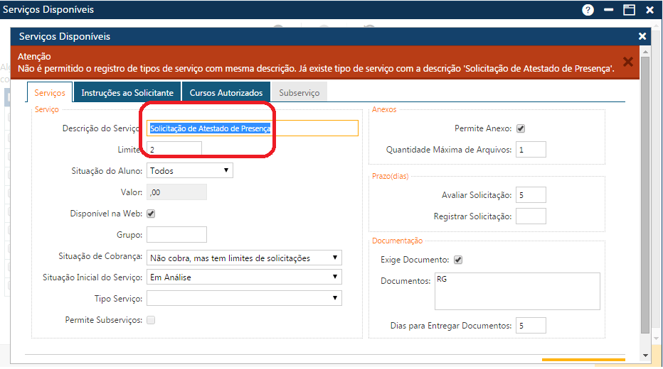 Mensagem Não pode repetir descrição de serviço