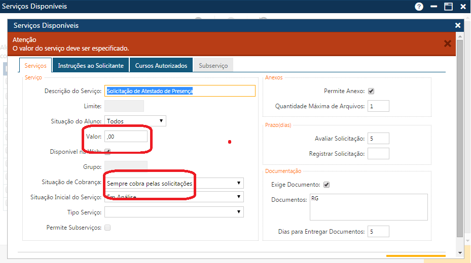 Mensagem O valor precisa ser especificado