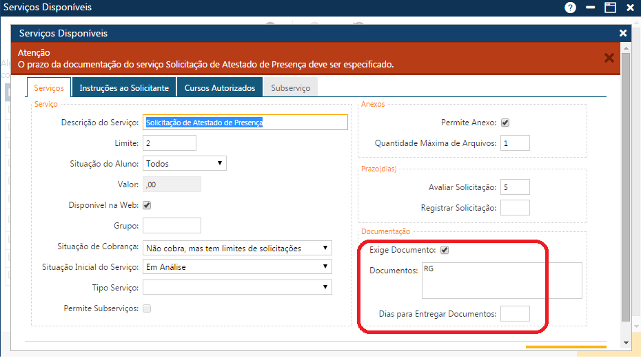Mensagem Prazo para entregar a documentação precisa ser especificado