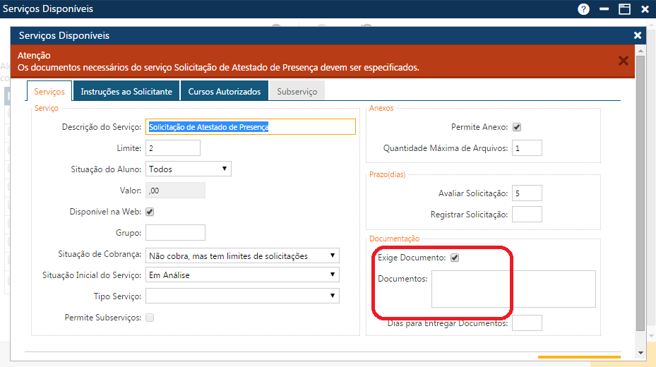 Mensagem Precisa especificar os documentos necessários