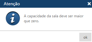 Mensagem de erro A capacidadede uma sala deve ser mior que zero