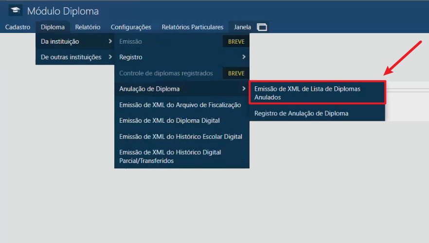 Menu Diploma - Da Instituição - Anulação de Diploma - Emissão de XML de Lista de Diplomas Anulados