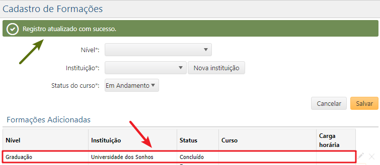 Cadastro de Formações - Formação salva com sucesso