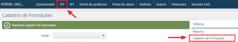 Cadastro de Formações - Menu