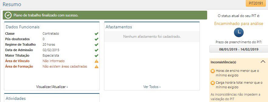 Página Resumo - Resumo Plano de Trabalho
