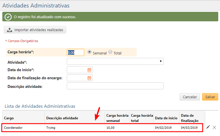 Atividades Administrativas - Atividade salva com Sucesso
