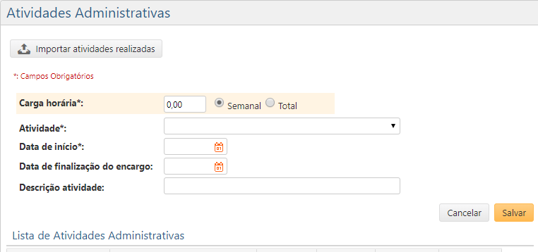 Atividades Administrativas - Interface