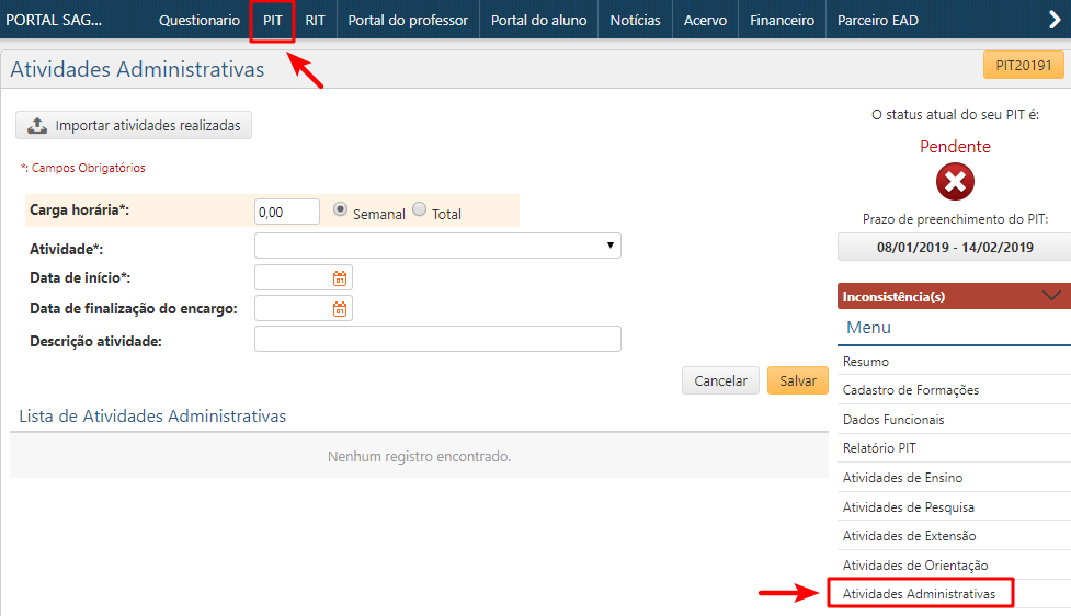 Atividades Administrativas - Menu