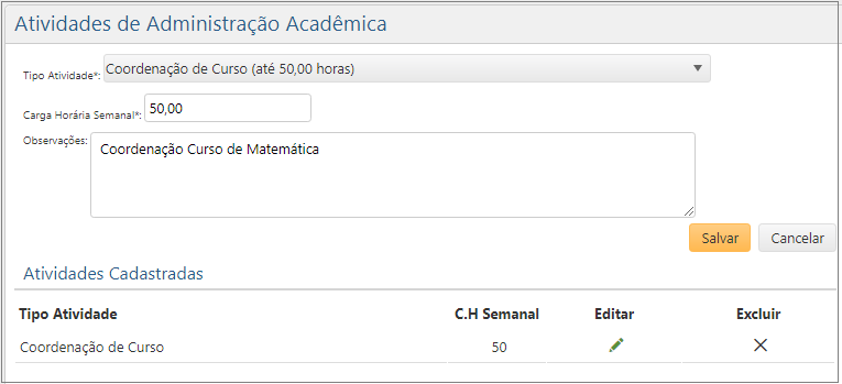 Atividades de Administração Acadêmica - Cadastro