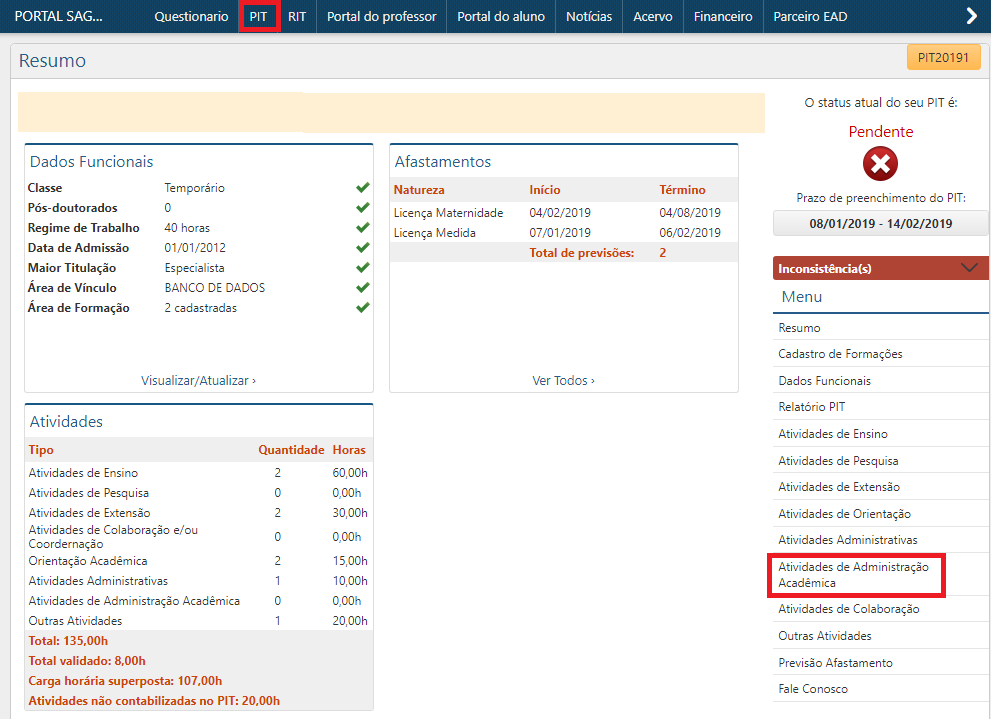 Atividades de Administração Acadêmica - Menu