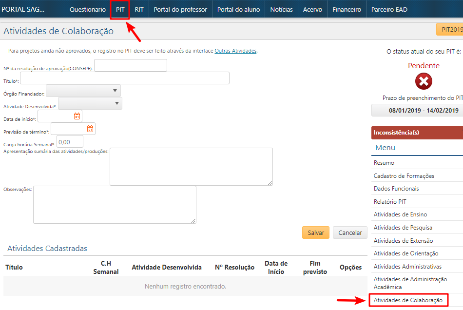 Atividades de Colaboração - Menu