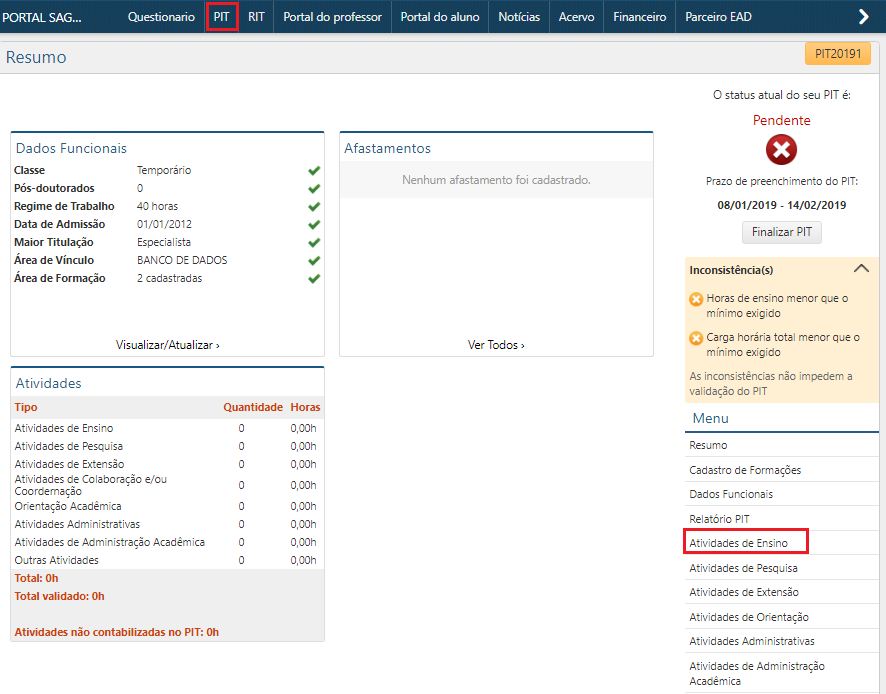 Atividades de Ensino - Menu