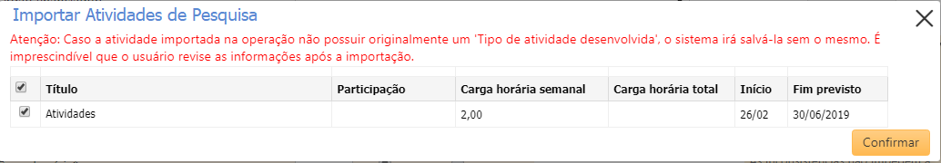 Atividades de Pesquisa - Atividades de pesquisa cadastradas