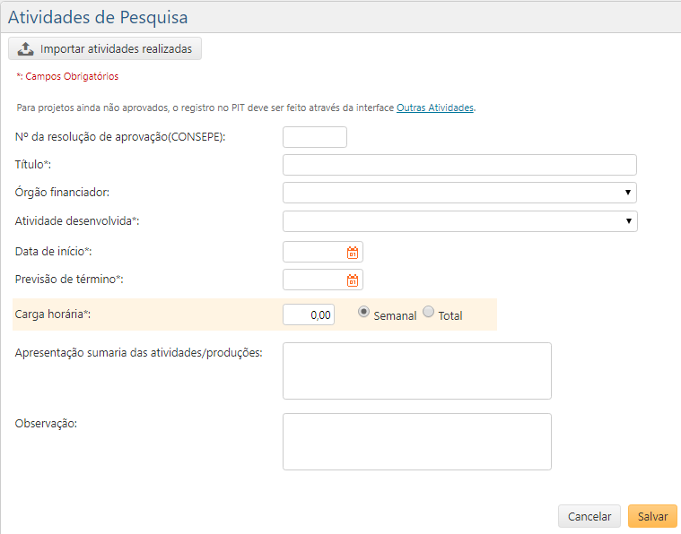 PIT - Docentes - Atividades de Pesquisa - Interface