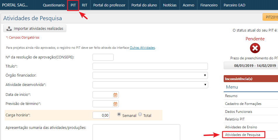 Atividades de Pesquisa - Menu
