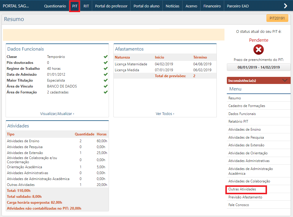 Outras Atividades - Acesso através do Menu