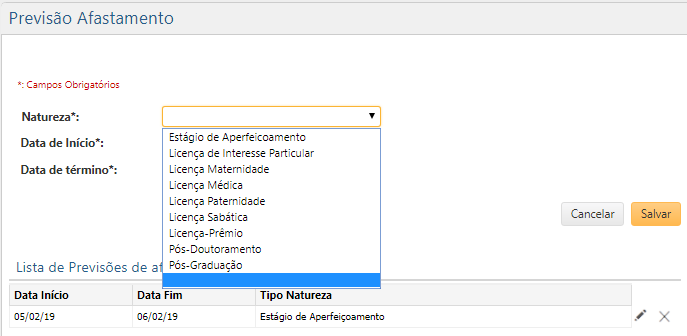 Previsões de Afastamento - Interface