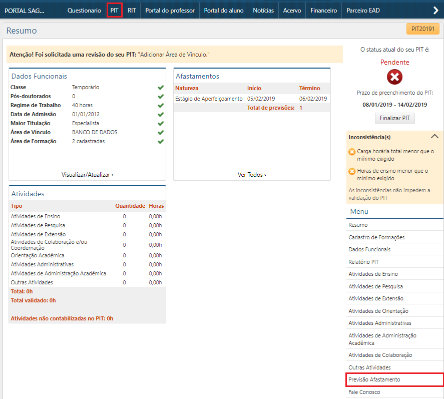 Previsões de Afastamento - Menu