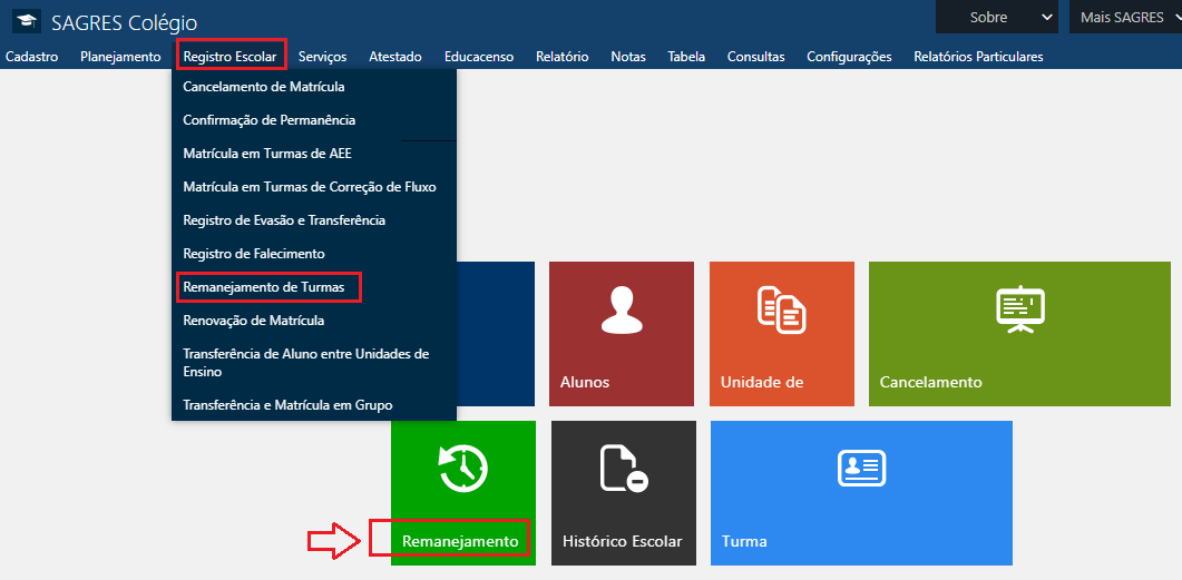 Registro-Escolar-Remanejamento de Turma-Menu