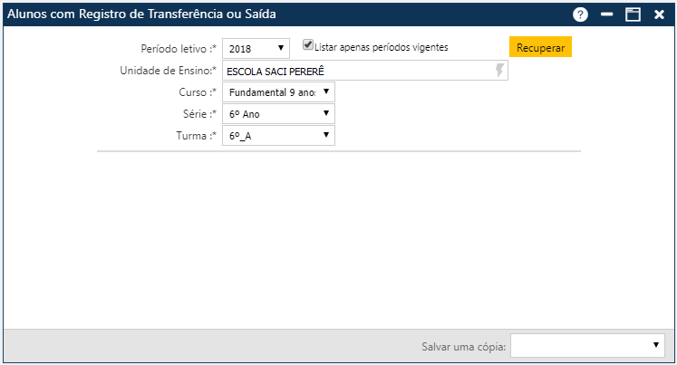 Alunos com  Registro de Transferência ou Saída​  - Tela Inicial
