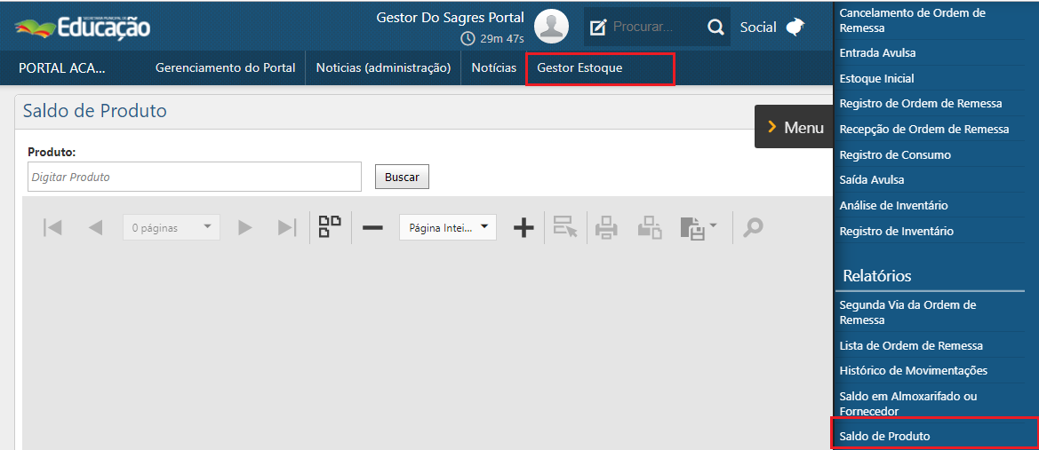 ​​Menu - Relatórios - Saldo de Produto