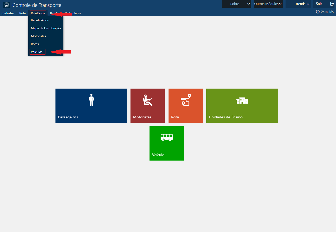 ​​Menu do Relatório de Veículos de Transporte Escolar​