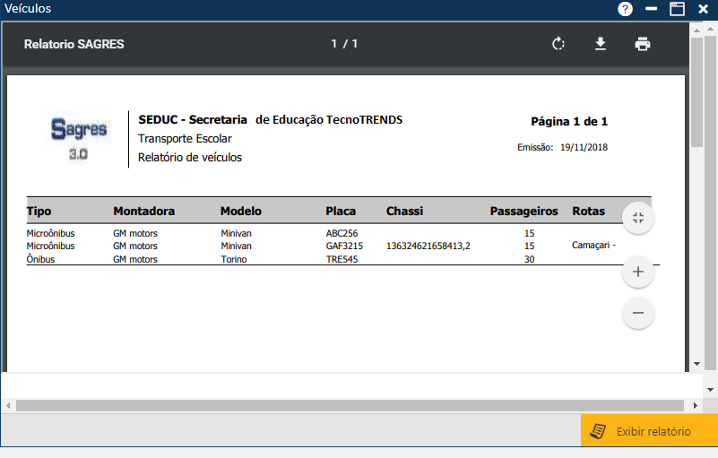 Exemplo do Relatório de Veículos de Transporte Escolar​