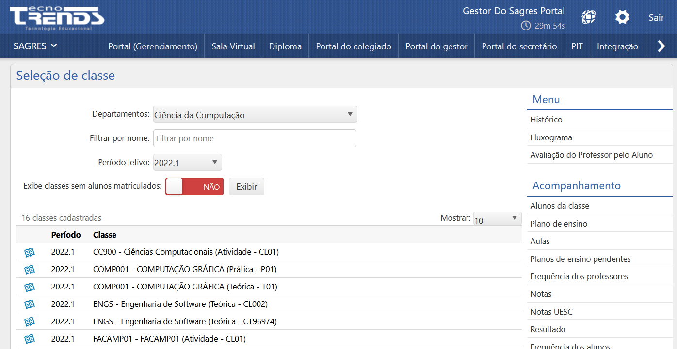 Lista das Classes Cadastradas