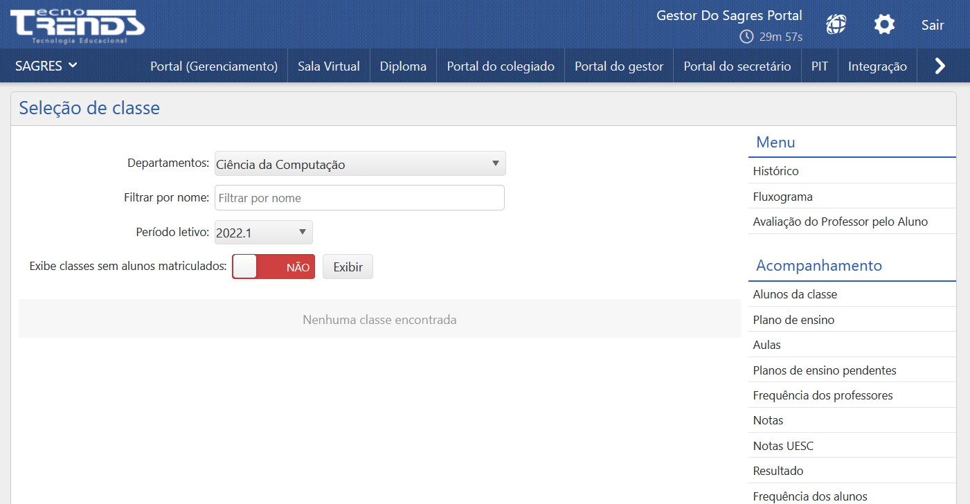 Exemplo da Interface de Seleção de Classe