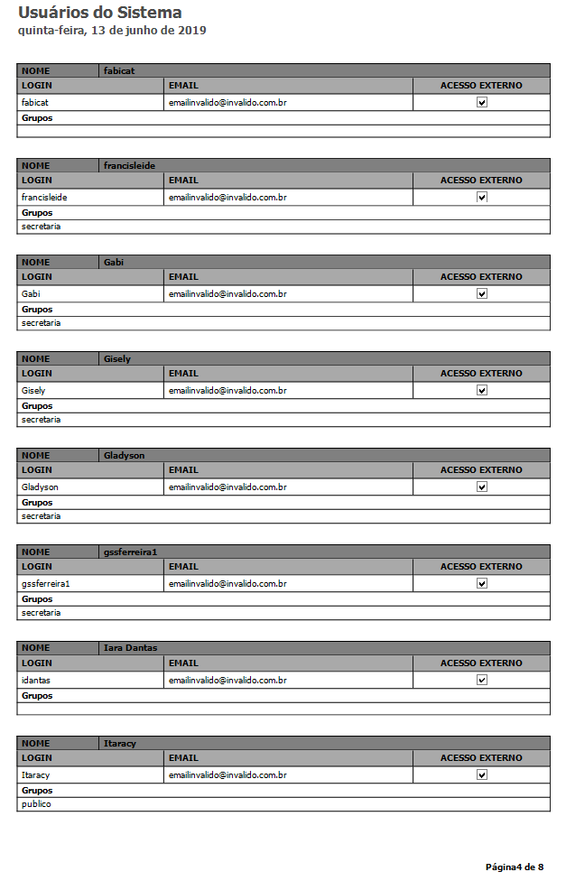 Relatório - Usuário do Sistema - Exemplo de Relatório