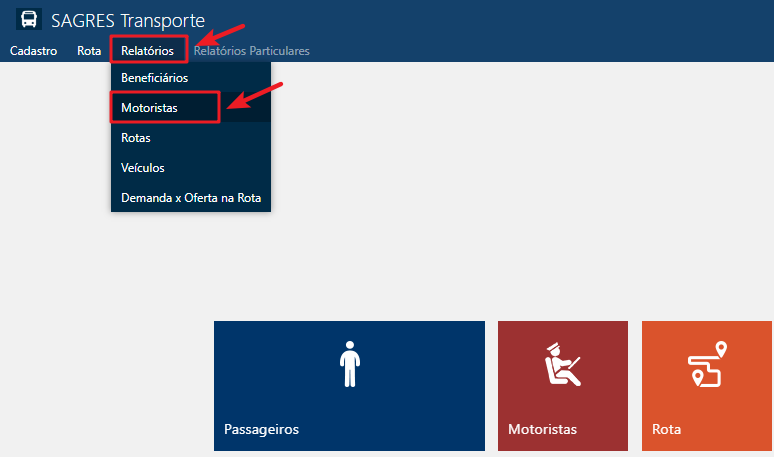 Menu Relatórios de Motoristas