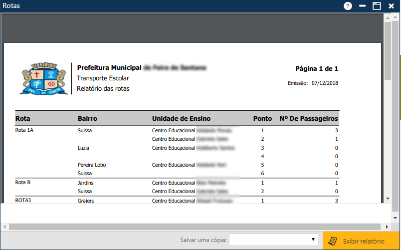Interface Relatório de Rotas