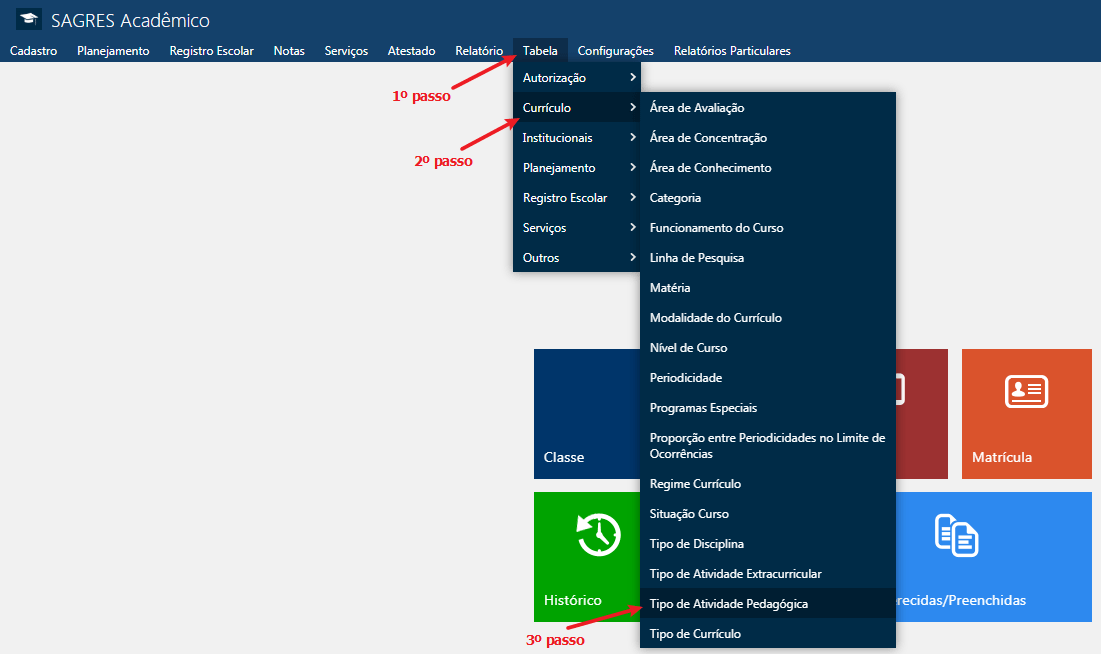 Tipo de atividade pedagógica- Menu