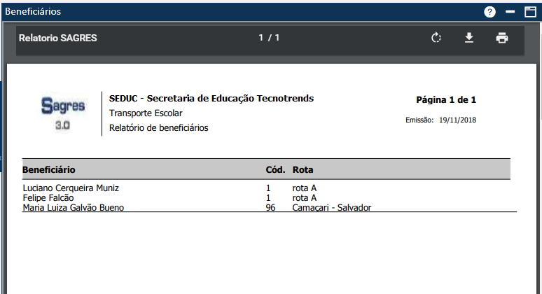 Exemplo do Relatório de Beneficiários de Transporte Escolar