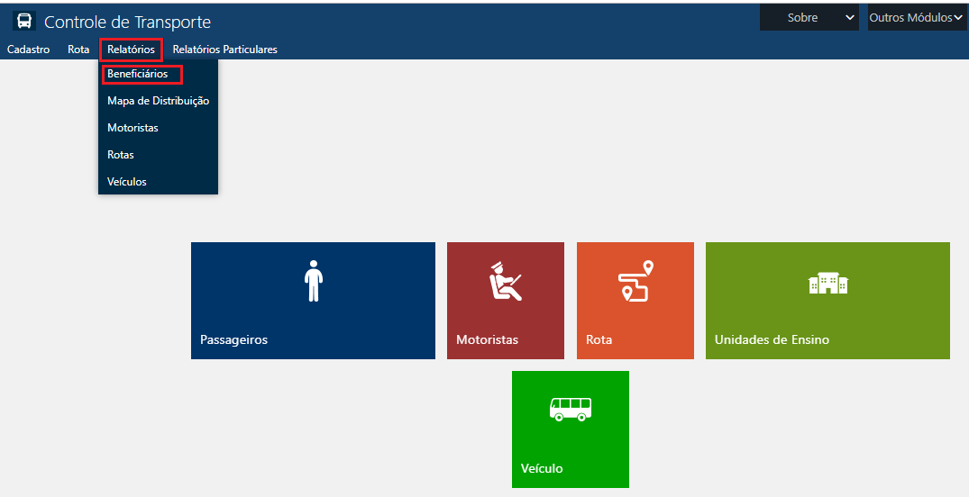 Menu do Relatório de Beneficiários de Transporte Escolar