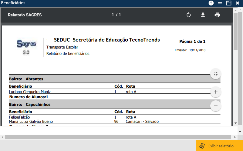 ​Exemplo do Relatório de Mapa de Distribuição de Transporte Escolar