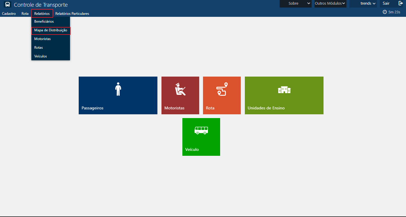 ​​Menu do Relatório de Mapa de Distribuição do Transp​orte Escolar