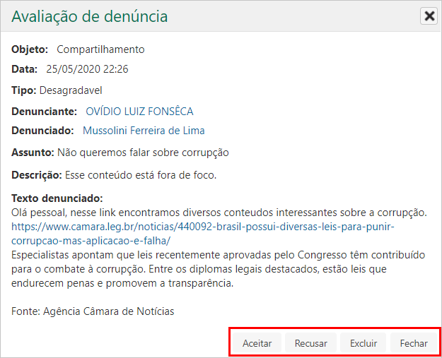 avaliação de denúncia