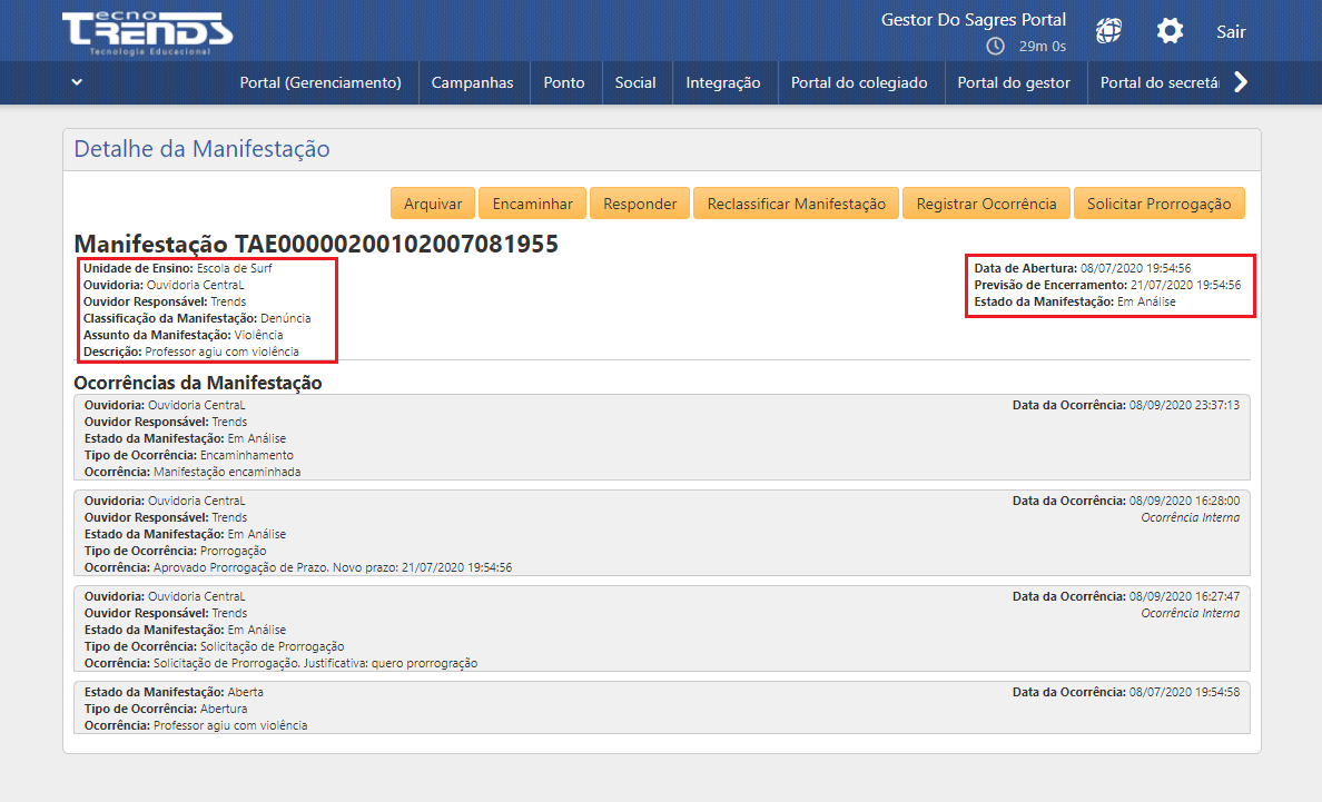 dados da manifestação