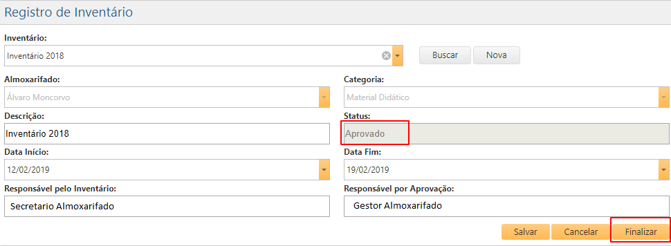 Interface Registro de Inventário - Finalizar Inventário