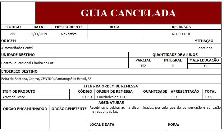 Exemplo de Guia de Ordem de Remessa - Cancelada