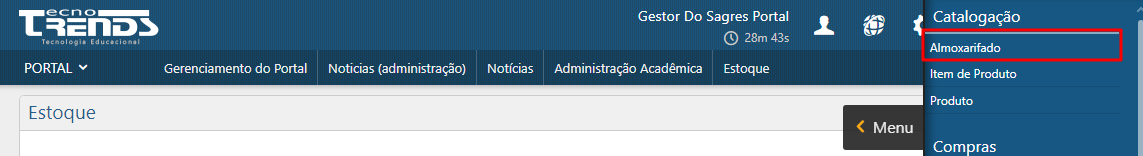 Interface Menu Cadastro de Almoxarifado