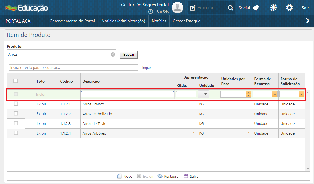 Item de Produto - botão Novo