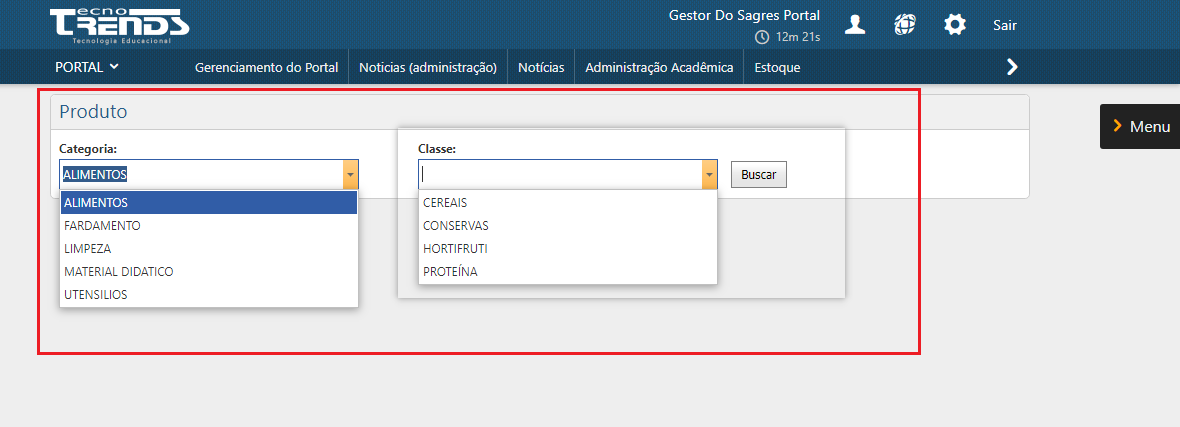 Menu Cadastro de ​Produtos