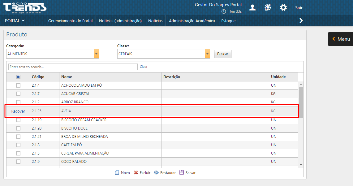 Menu Produtos - botão Excluir