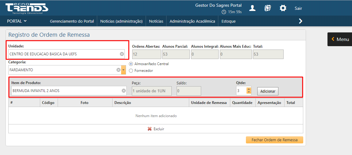 Menu Registro de Ordem​ de Remessa