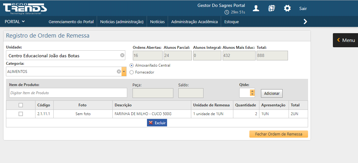 Menu Registro de Ordem​ de Remessa - botão Excluir