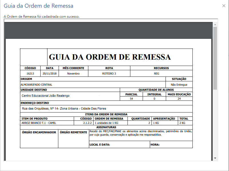 Menu Registro de Ordem​ de Remessa- Guia da Ordem de Remessa
