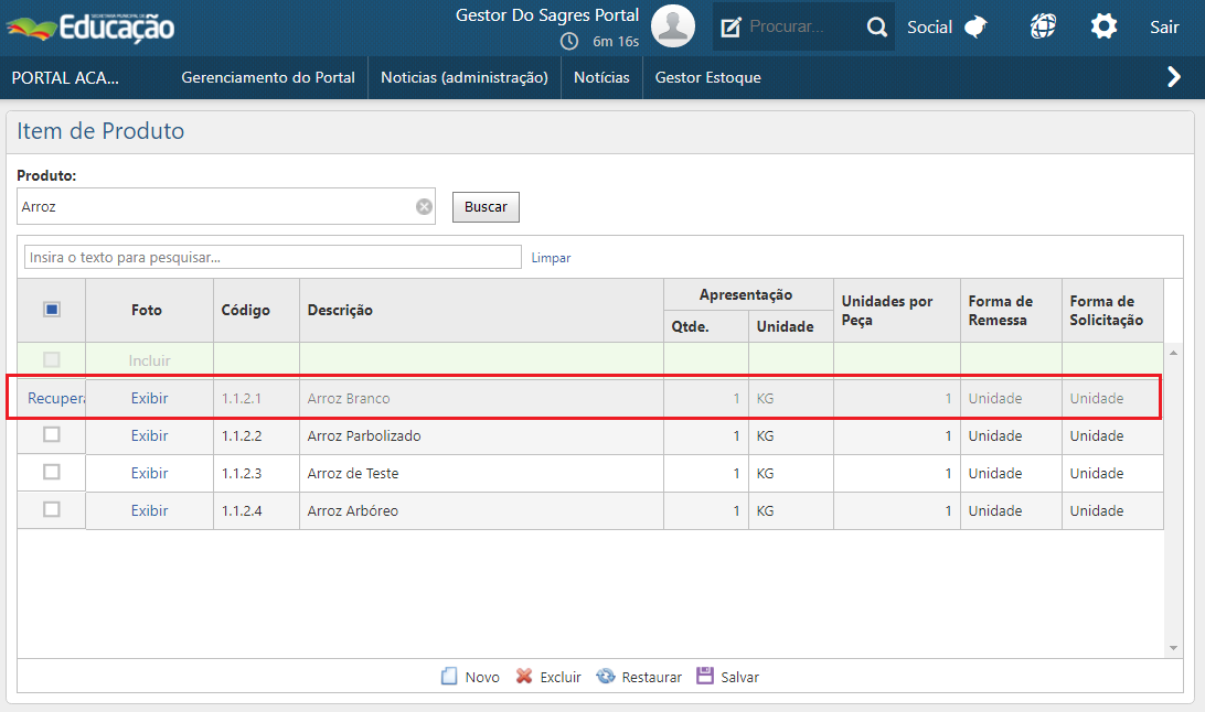 Item de Produto​ - botão Excluir