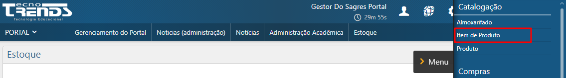 ​​​​​​​Menu Cadastro de Item de Produto